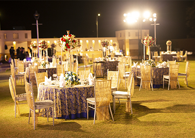 LAWNS - Encircled with Jhalana Hills this intimate outdoor venue is the preferred choice for Dinner Layouts and Pheras. The evening sky reveals the treasures of the most spectacular sunset imaginable.